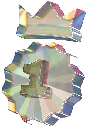 Iridescent number one medal with a crown floating above it.